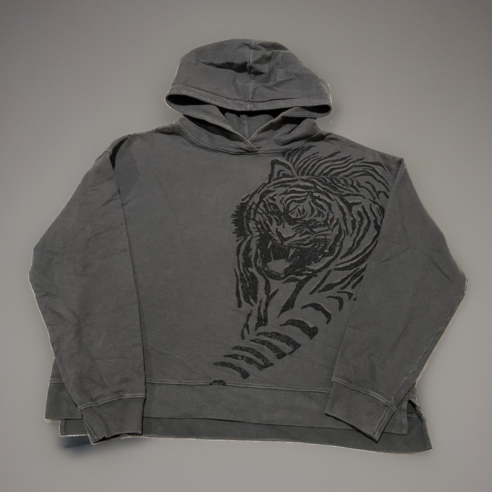 All Saints Womens Washed Gray Roaring Beaded Tiger Oversized Cropped Hoodie S